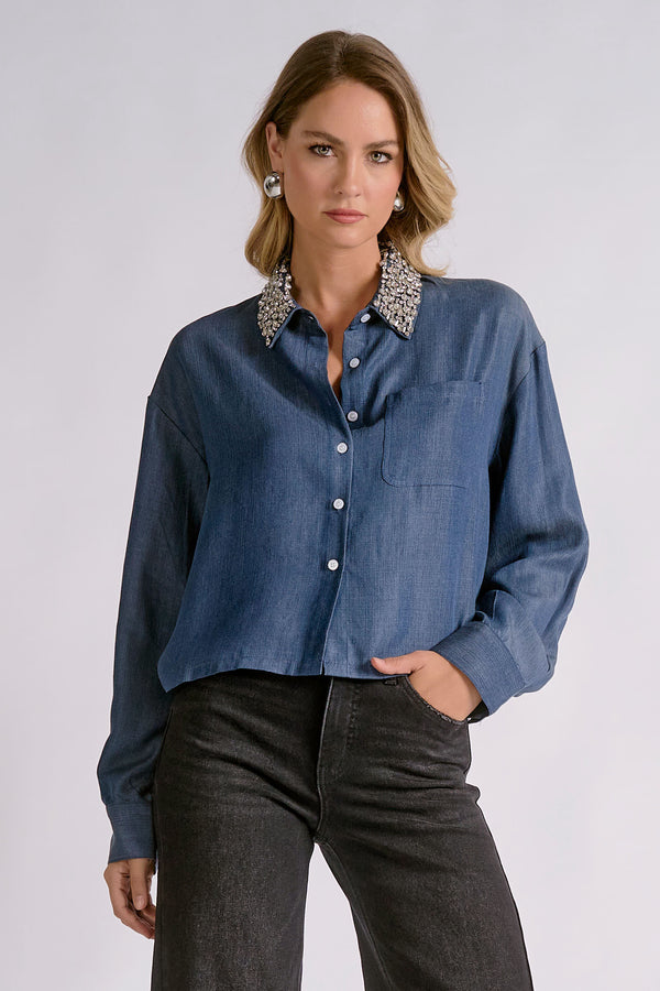 Elan Brielle blue denim button-front shirt, front view