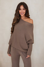 Milio Milano taupe asymmetrical off-shoulder sweater, front view