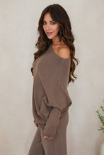 Milio Milano taupe asymmetrical off-shoulder sweater, side view