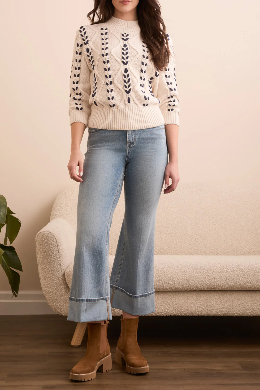 Cable Knit 3/4 Sleeve Mock Neck Sweater