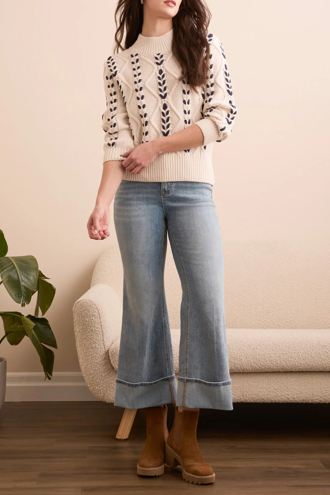 Cable Knit 3/4 Sleeve Mock Neck Sweater