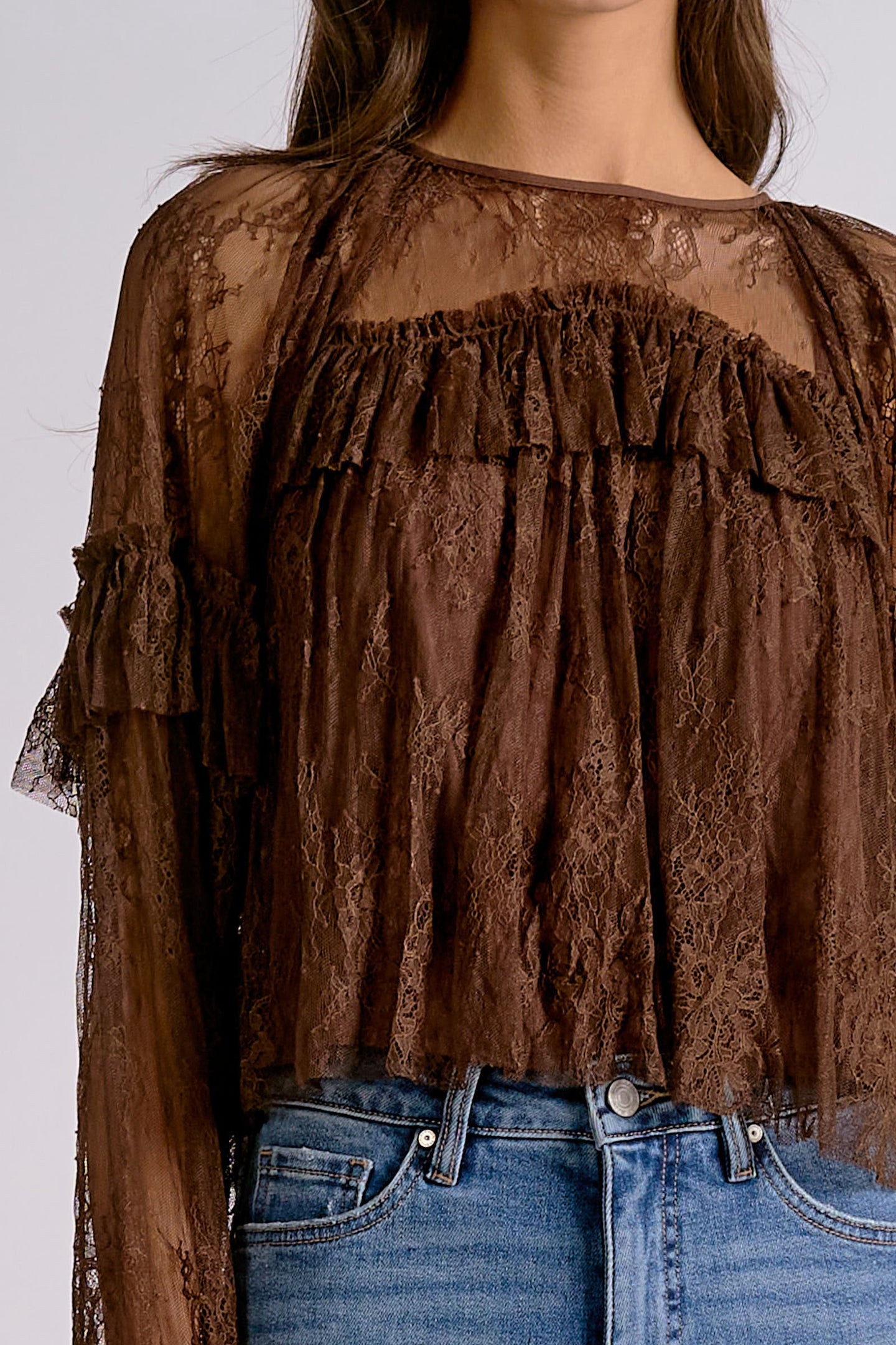 Elan Mocha brown lace long-sleeve top, sheer lace and neckline detail