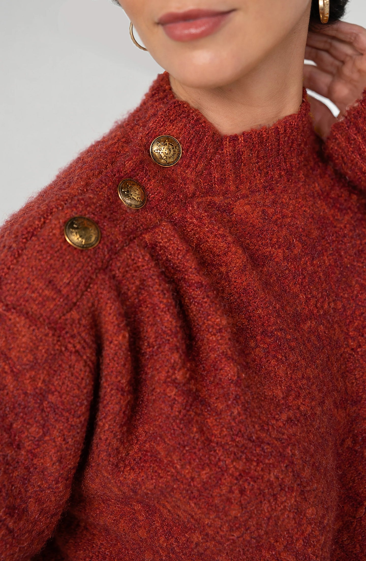 Liverpool Mock Neck Sweater in textured rust red knit with decorative gold buttons