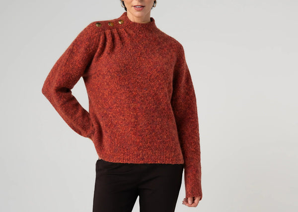 Liverpool Mock Neck Sweater in rust red styled with black pants and flats