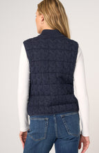 Rear view of a woman wearing a Heather Navy Reversible Zip Front Quilted Sweater Vest by liverpool with textured quilting.