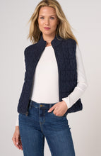 Woman wearing a Heather Navy Reversible Zip Front Quilted Sweater Vest paired with white top and blue jeans by liverpool