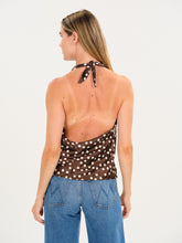 Brown Elyse Polka Dot Cowl Neck Tank by six/fifty shown from the back with tie neck and blue jeans