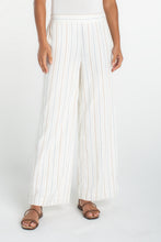 Cream/Blue Multi Stripe Pull On Wide Leg Woven Pant by liverpool worn with sandals on model against white background