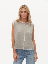 Woman wearing a six/fifty Heather Grey Maria Double Layered Vest with button front and relaxed fit over jeans