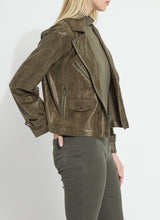 Lysse Woodland Snake Emory Vegan Suede Moto Jacket modeled in olive brown with zip pockets
