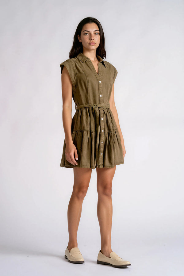 Elan Olive Grove green collared sleeveless tiered dress, front view