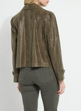 Back view of Lysse Woodland Snake Emory Vegan Suede Moto Jacket in olive brown suede finish