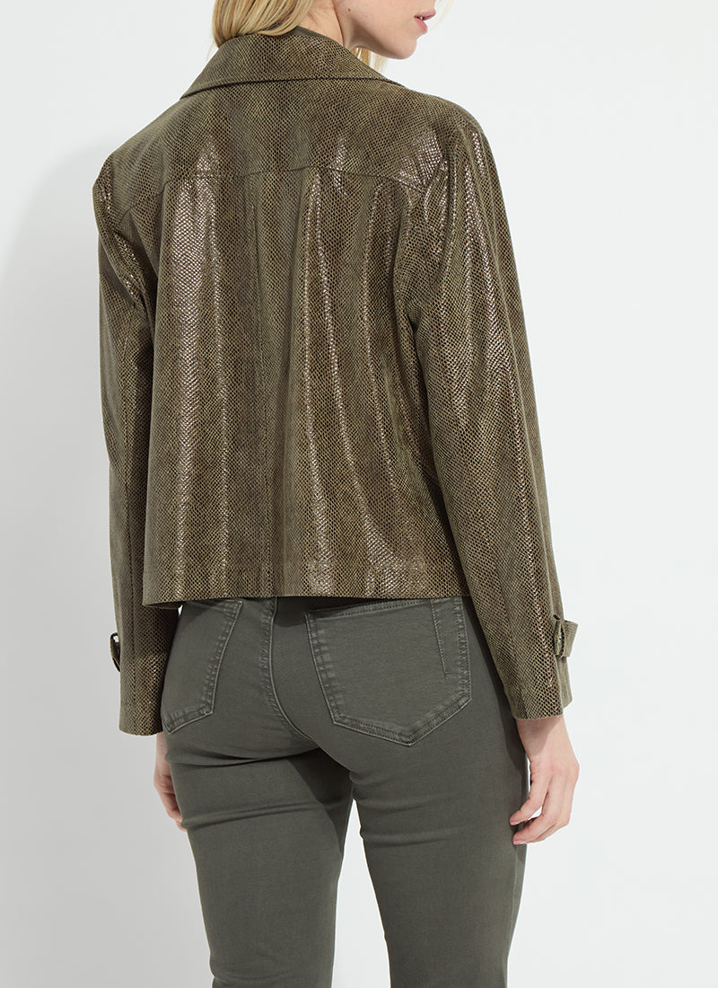Back view of Lysse Woodland Snake Emory Vegan Suede Moto Jacket in olive brown suede finish
