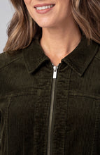 Liverpool hunter green collared zip-front bomber jacket, neckline and zipper detail