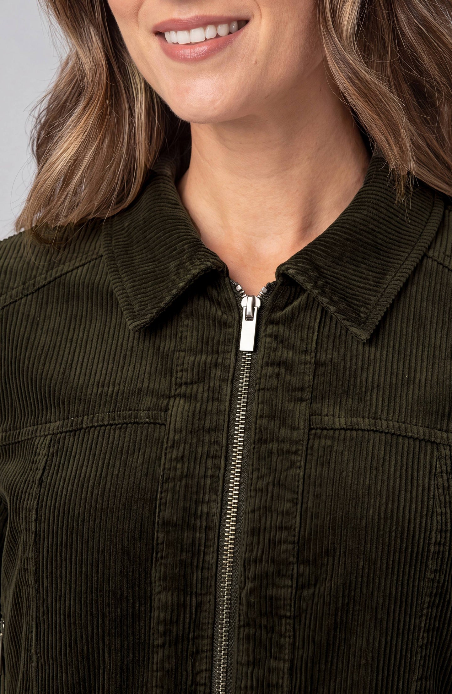 Liverpool hunter green collared zip-front bomber jacket, neckline and zipper detail