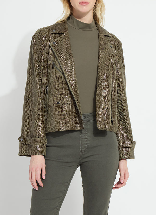 Lysse Woodland Snake Emory Vegan Suede Moto Jacket worn with an olive top and pants