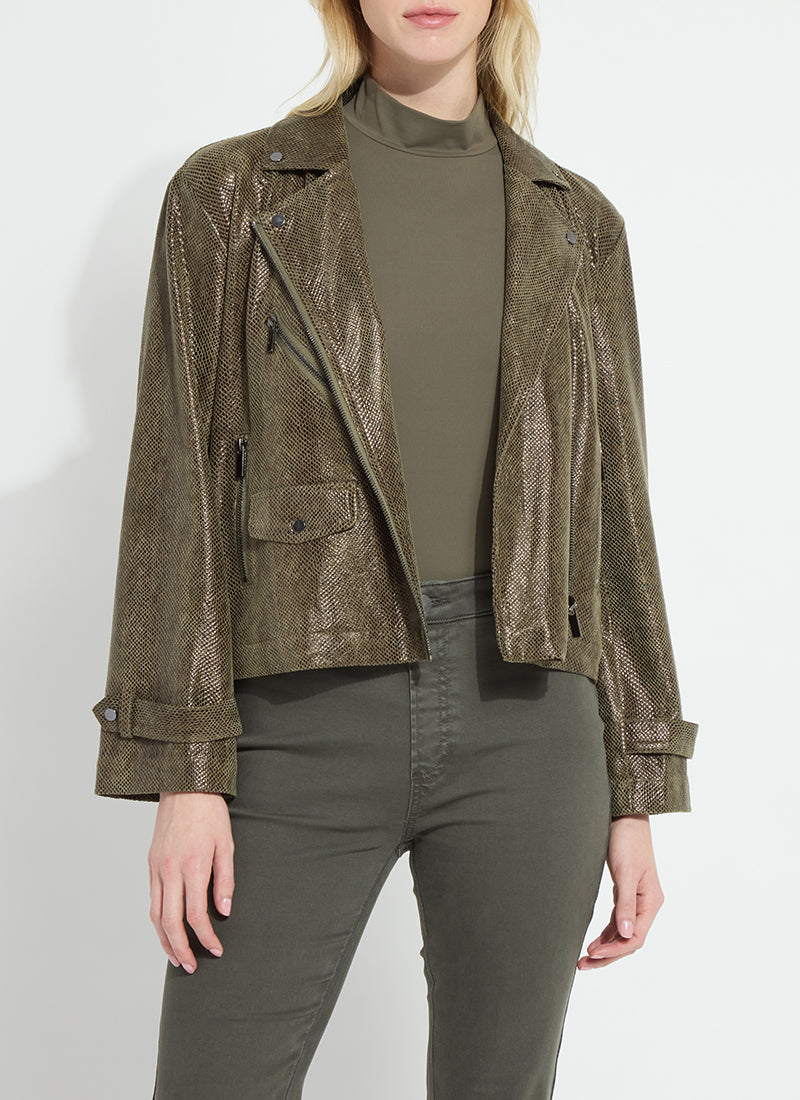 Lysse Woodland Snake Emory Vegan Suede Moto Jacket worn with an olive top and pants