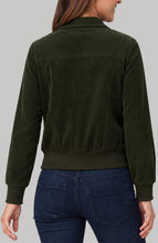 Back view of a woman wearing a Hunter Green Zip Front Collared Bomber Jacket by liverpool with dark denim jeans