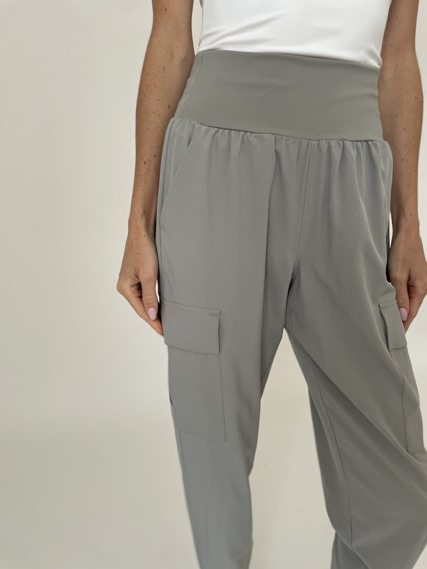 Close-up of Taupe Kristie Lightweight Jogger by six/fifty showing soft fabric and relaxed fit with cargo pockets