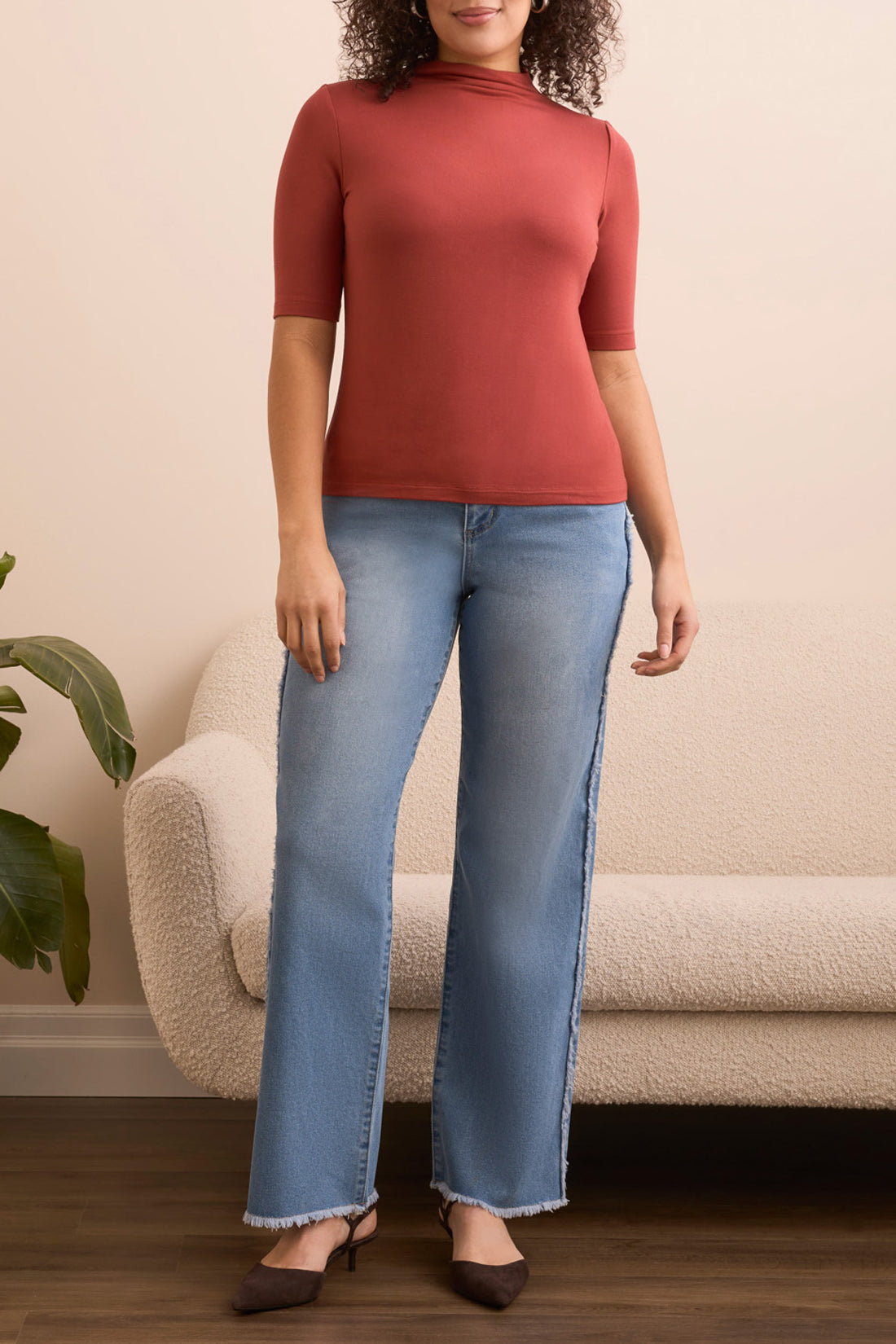 Tribal Funnel Neck Elbow Sleeve Knit Top