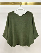 Milio Milano olive green crew-neck batwing knit top on a hanger