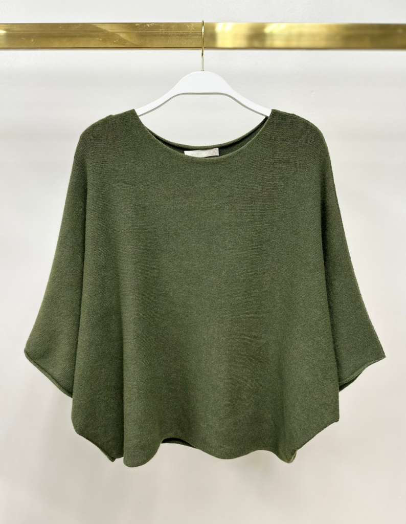 Milio Milano olive green crew-neck batwing knit top on a hanger