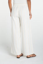 Back view of a model wearing Cream/Blue Multi Stripe Pull On Wide Leg Woven Pant by liverpool with sandals on a white background