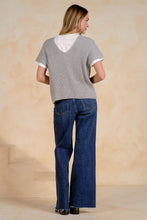 Elan Ashton grey short-sleeve layered top with white collar and trim, back view