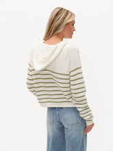 Woman wearing Annalora Striped Button Up Hoodie by six/fifty in white with green stripes, shown from the back