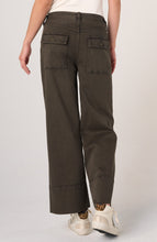 Back view of a person wearing Mosswood Utility Relaxed Straight 28” Inseam pants by liverpool in dark olive color