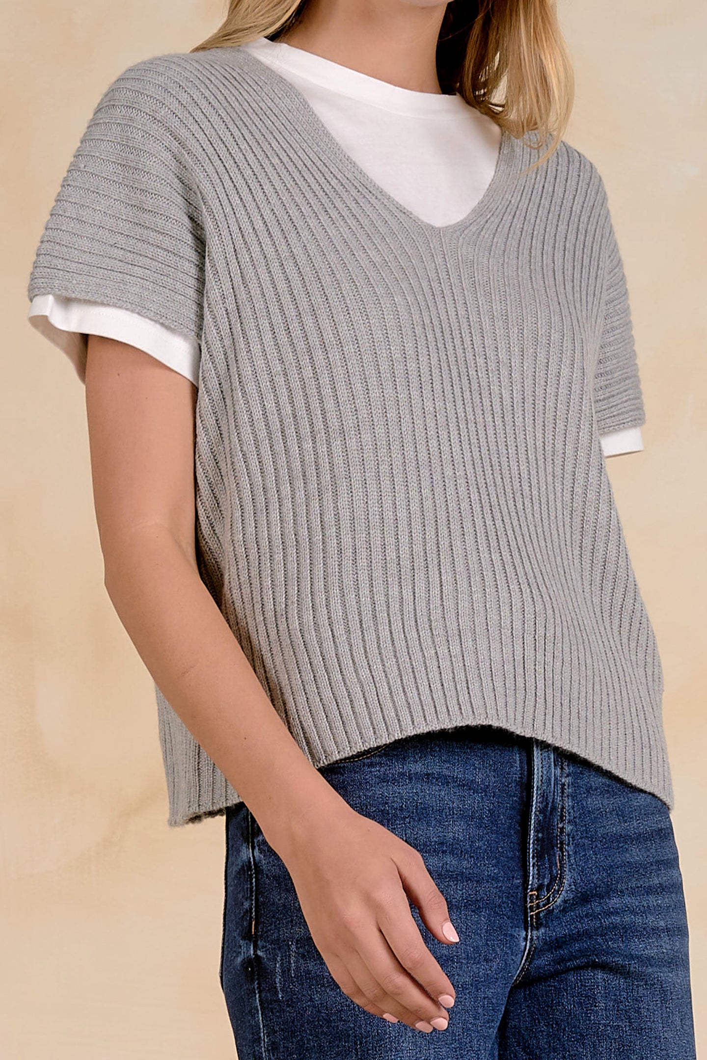Elan Ashton grey short-sleeve layered top with white collar and trim, neckline and sleeve detail