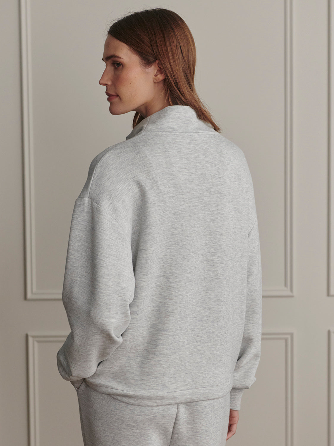 Varley Light Grey Marl Betsy Sweat shown on model