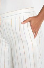 Close-up of hand in pocket of Cream/Blue Multi Stripe Pull On Wide Leg Woven Pant by liverpool showing striped textured fabric