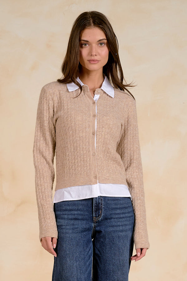 Elan Lennon beige layered top with white shirt collar and hem, front view