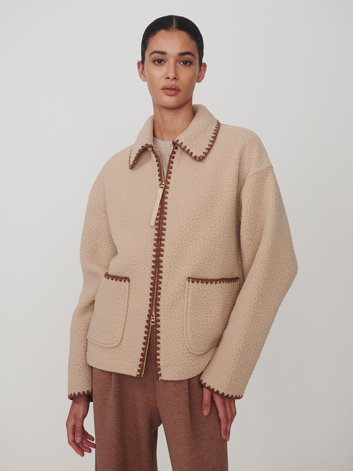 Varley Light Taupe Ruiko Zip Through Fleece worn by a model