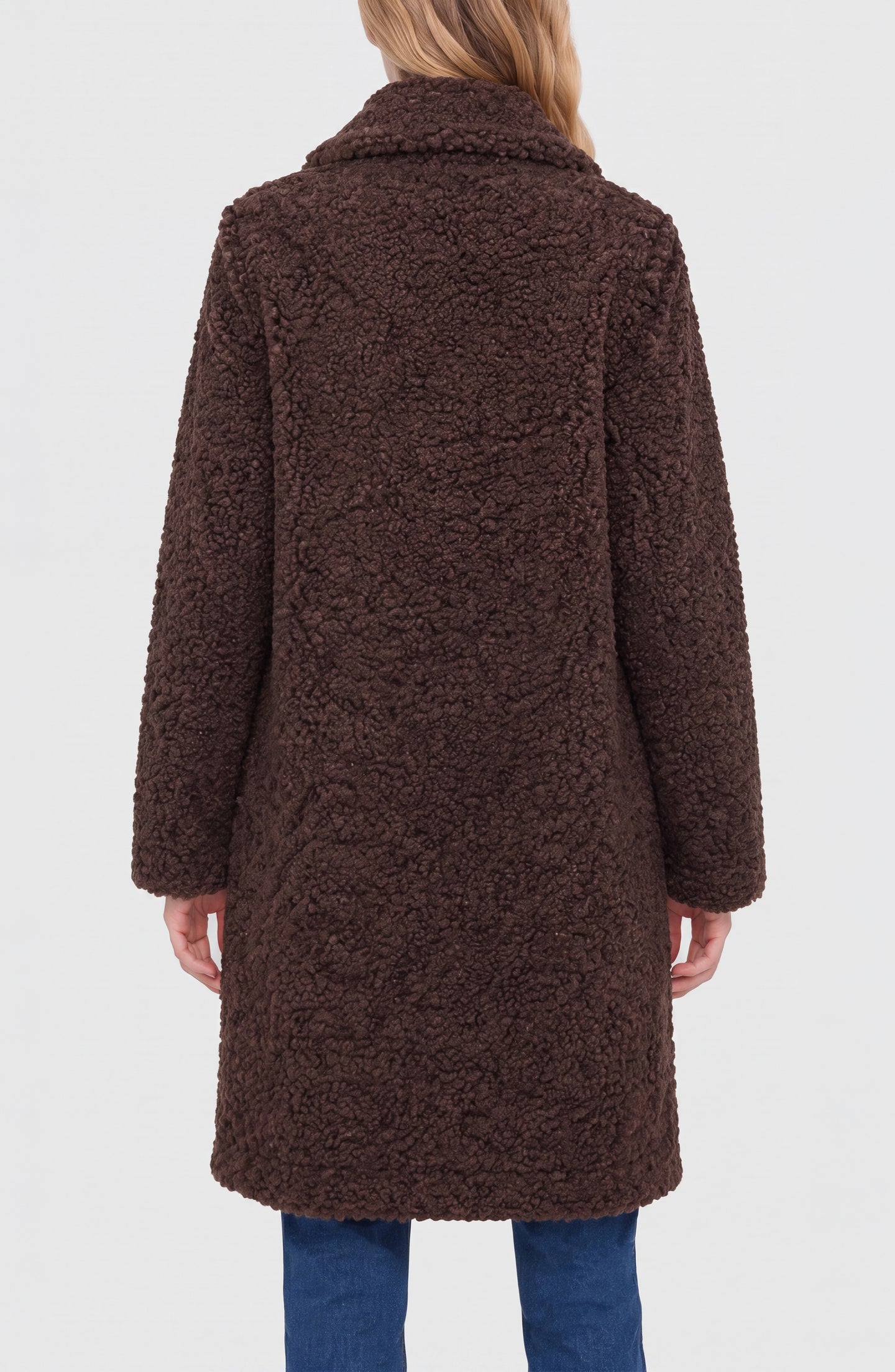 Back view of a person wearing a Teddy Brown Double Breasted Coat by liverpool with textured brown fabric.
