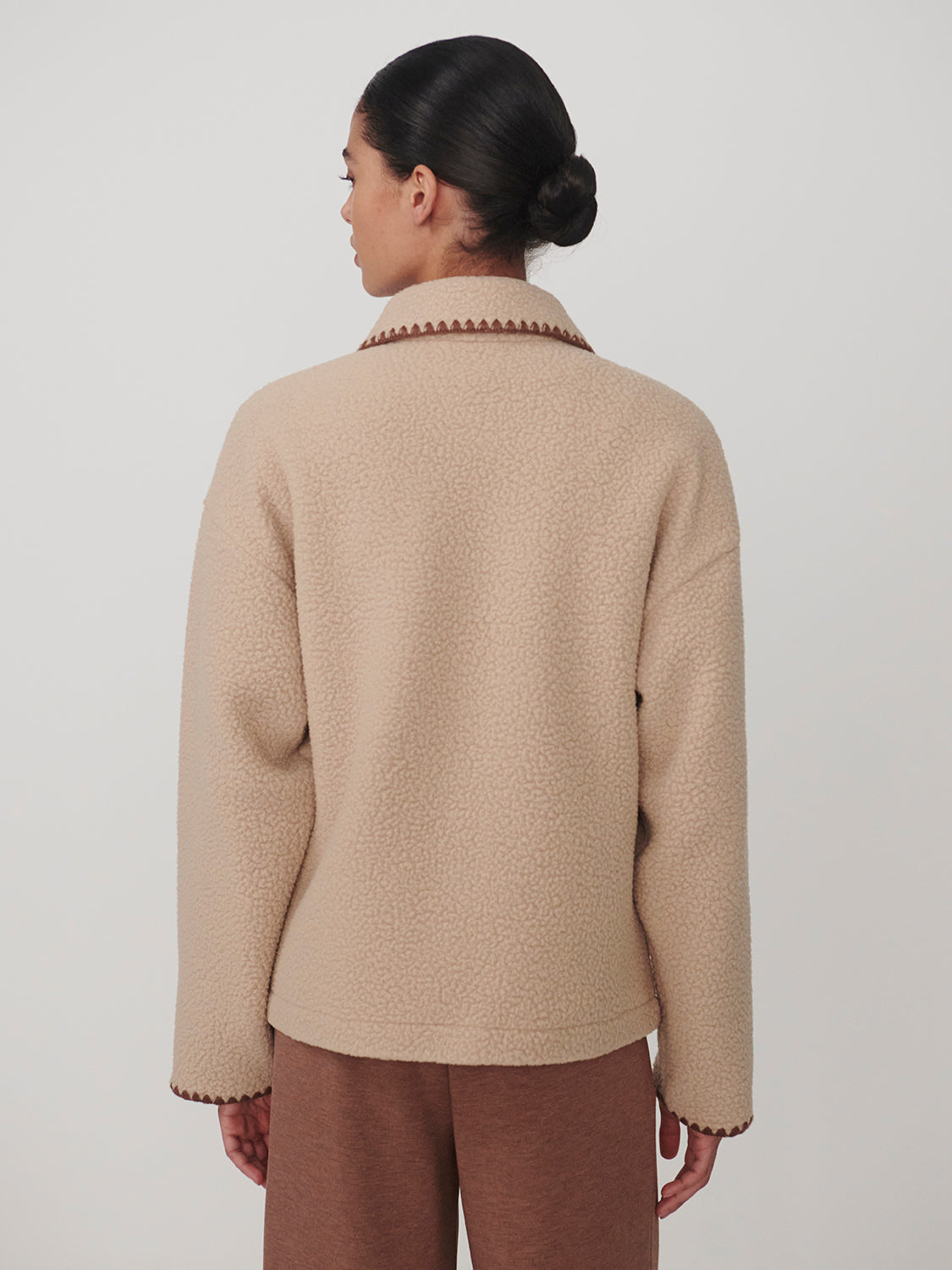 Varley Light Taupe Ruiko Zip Through Fleece shown from the back on a model