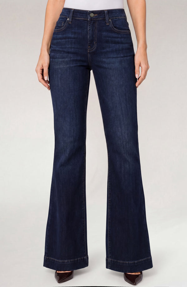 Front view of dark wash Halifax Lucy Bootcut with Wide Hem 32” Inseam jeans by liverpool on model