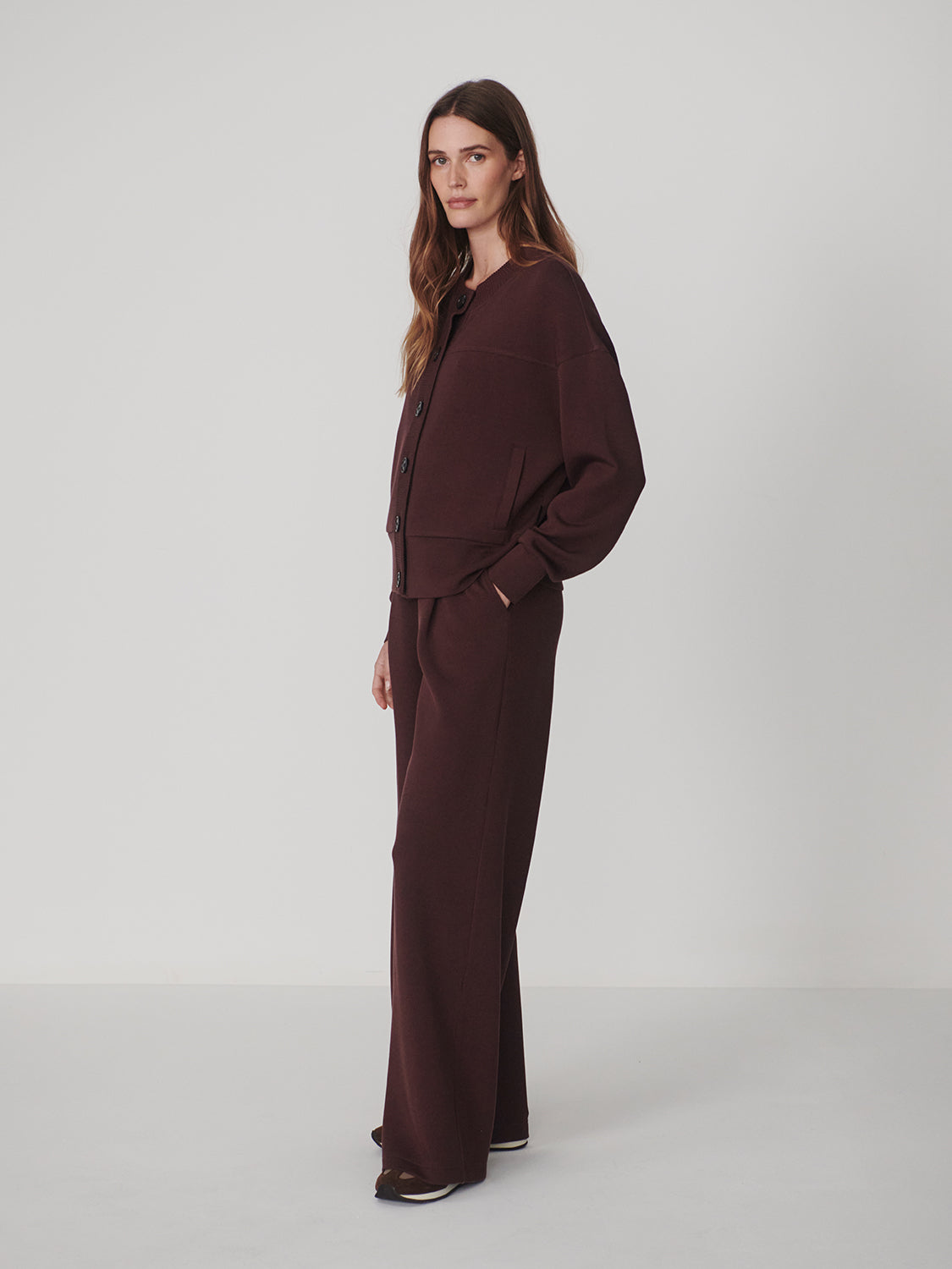 Varley Deep Mahogany Olwen Button Front Jacket worn with matching trousers