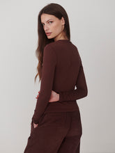 Deep Mahogany Edna Long Sleeve Fitted Tee by Varley worn by model in deep mahogany brown