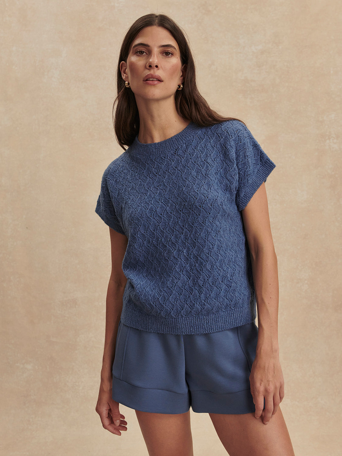 Varley Bijou Blue Manae Pointelle Knit Top