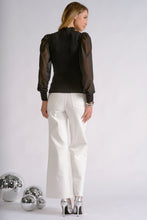 Elan Onyx black high-neck top with sheer sleeves, back view
