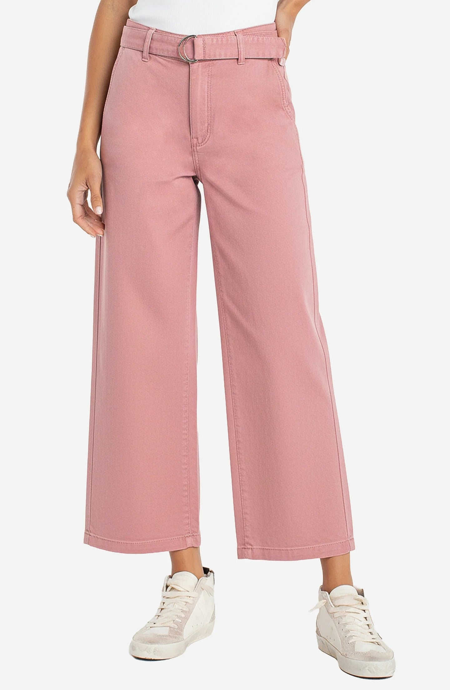 Woman wearing Misty Blush Stride Wide Leg w/ Self Belt 28 Inseam pants by liverpool with white sneakers