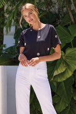 Tribal Embroidered Daisy Short Sleeve Crew Neck Top