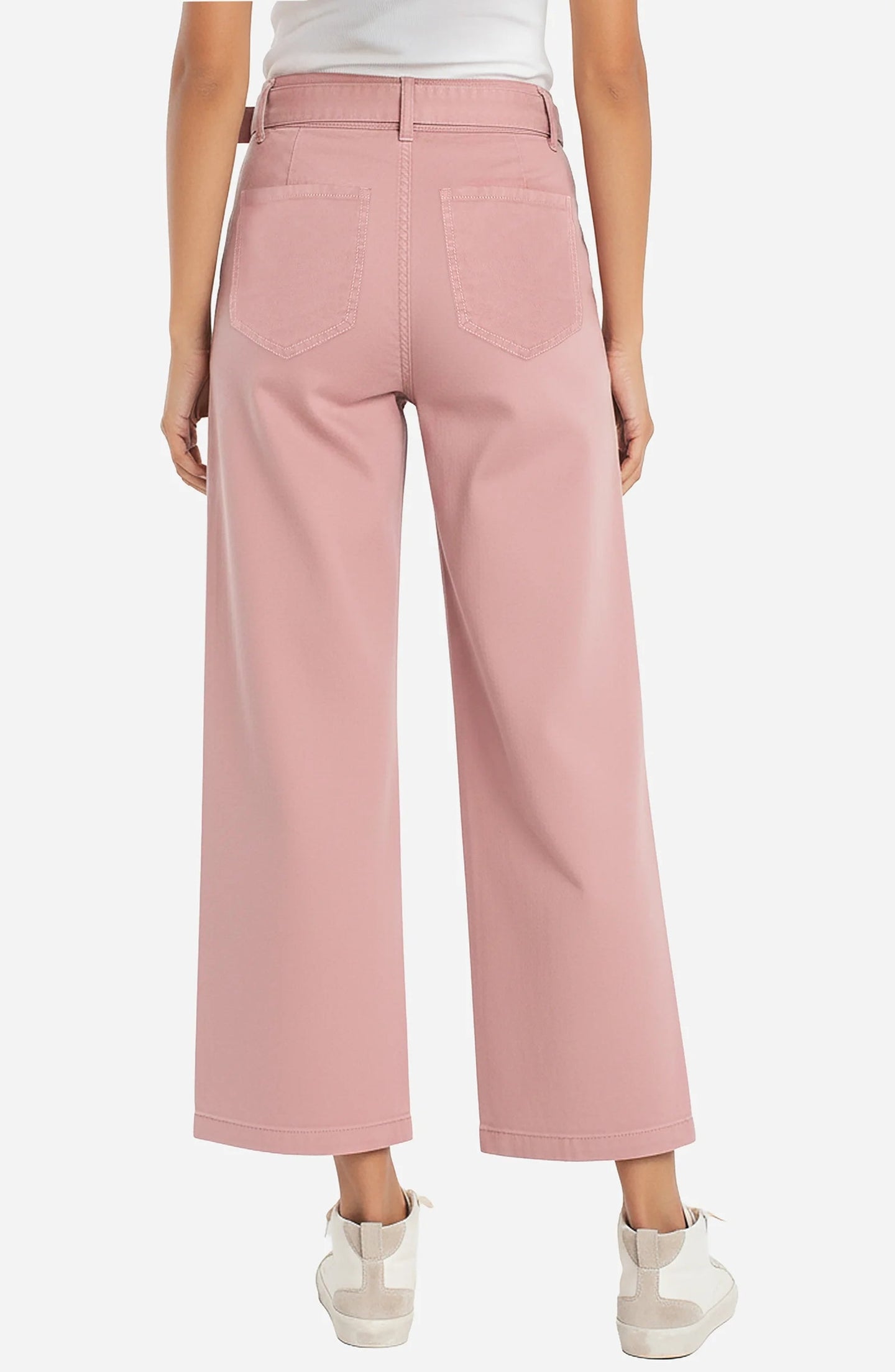 Back view of Misty Blush Stride Wide Leg w/ Self Belt 28 Inseam pants by liverpool worn with white sneakers