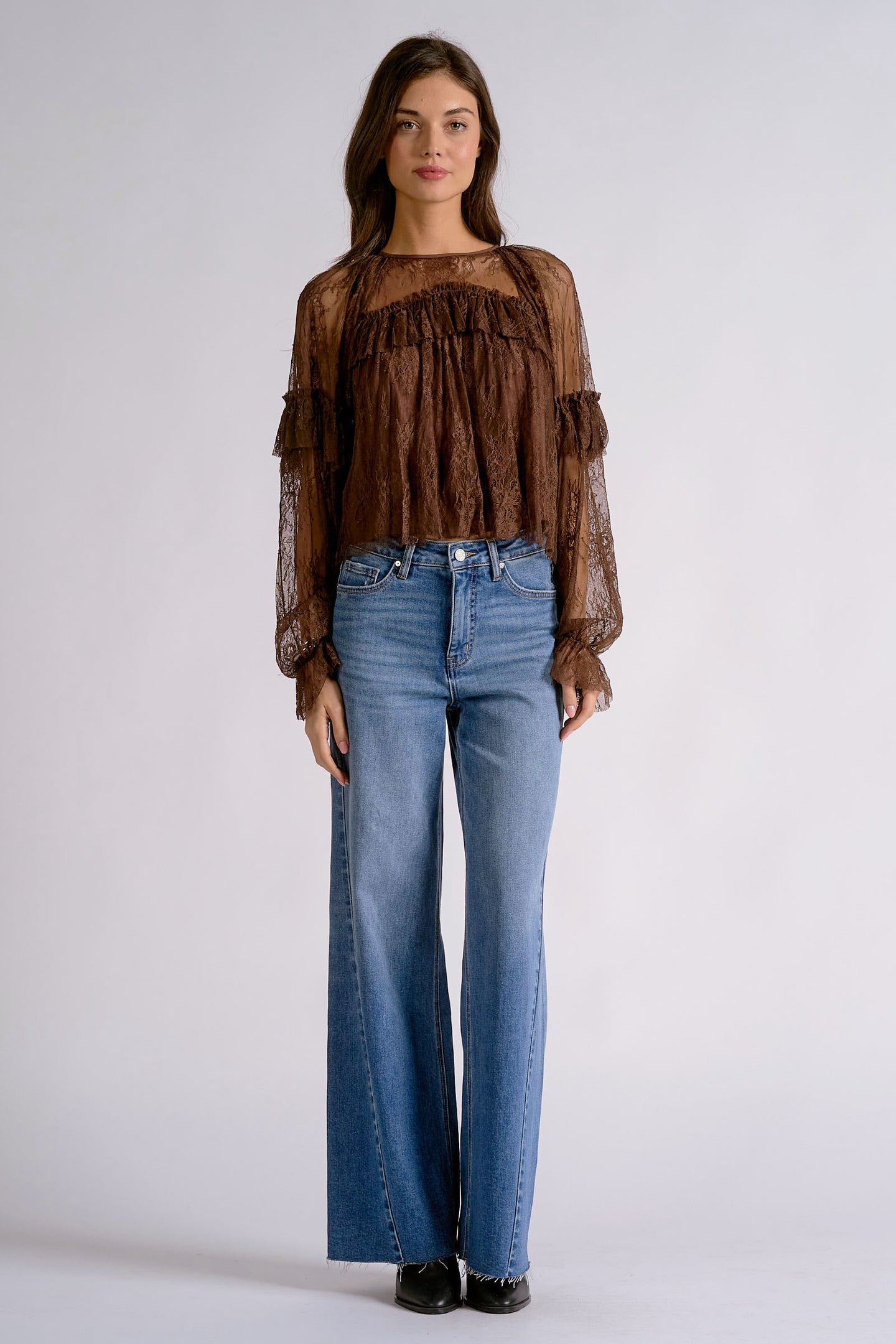 Elan Mocha brown lace long-sleeve top, styled with jeans