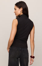 Woman wearing Black Silva High Neck Tank by z supply, shown from the back with sleeveless high neckline design
