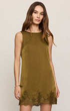 Z Supply olive sleeveless mini dress with a round neckline and lace-trim hem, front view