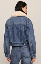 z supply Hush The Daily Denim Fur Jacket shown from the back with a cream sherpa collar and blue denim