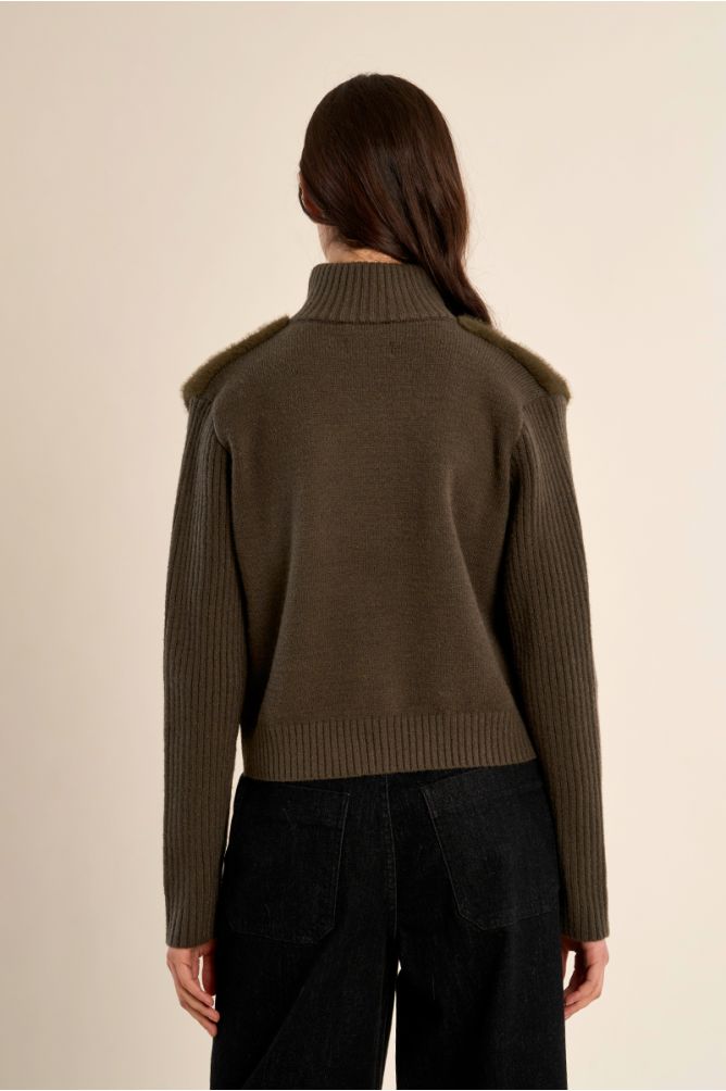 Back view of Molly Bracken Khaki Knitted Jacket worn with black trousers